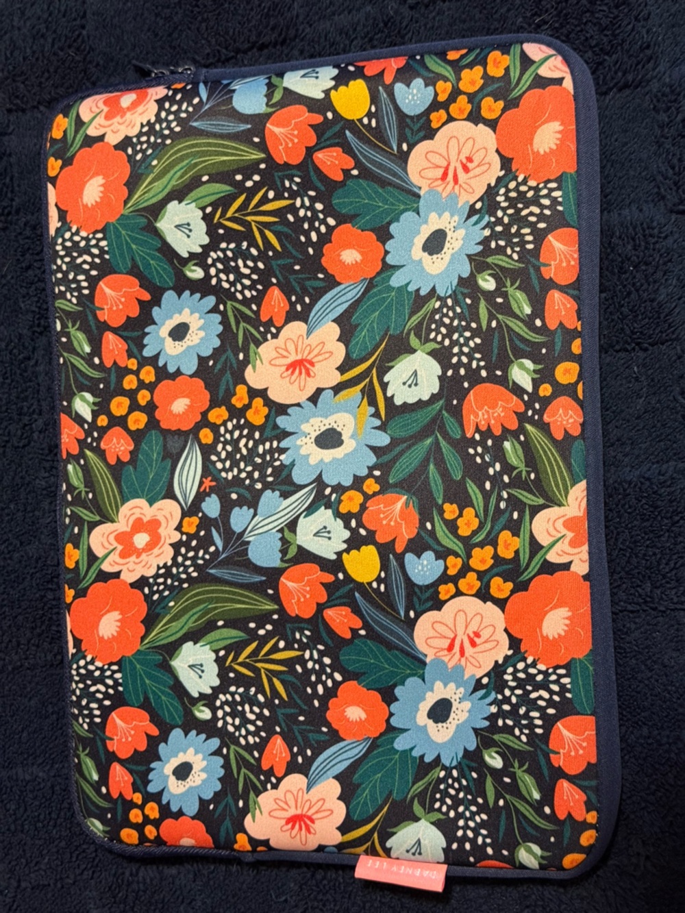 Dabney Lee 14” Laptop Sleeve Navy Floral Sleeve with Coral, Sky Blue & Teal.